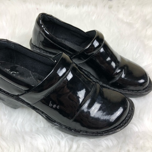 boc black patent leather clogs